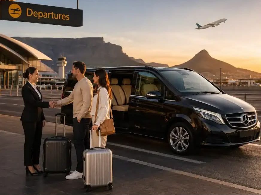 A driver greeting arriving guests beside the van at the terminal kerb