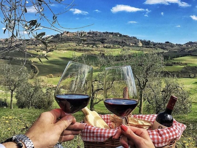 Two glasses of red wine raised over a picnic basket, a hill town in the distance